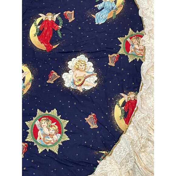 Handmade Thick Quilted Navy Blue Cherub Angels  Lace 57” Tree Skirt - Picture 3 of 3